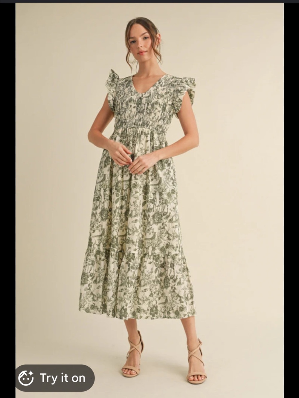 Japna Sage Floral Smocked Flutter Sleeve Midi Dress